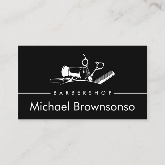 Black Barber Shop Tools Haircut Salon Logo Design 名刺 (正面)