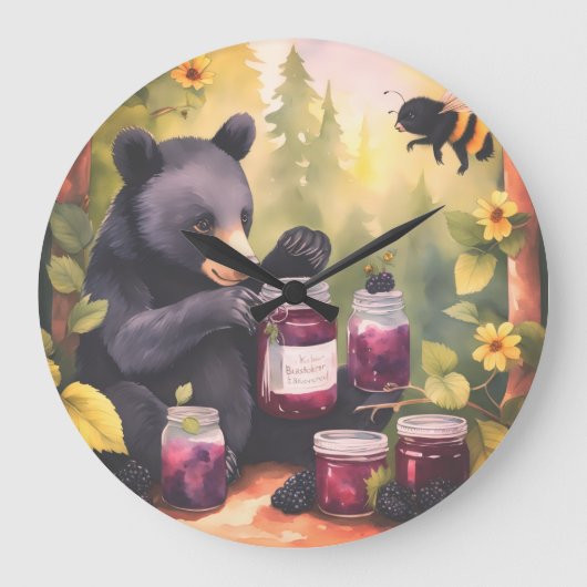 Black Bear gathering blackberry jam ラージ壁時計 (正面)