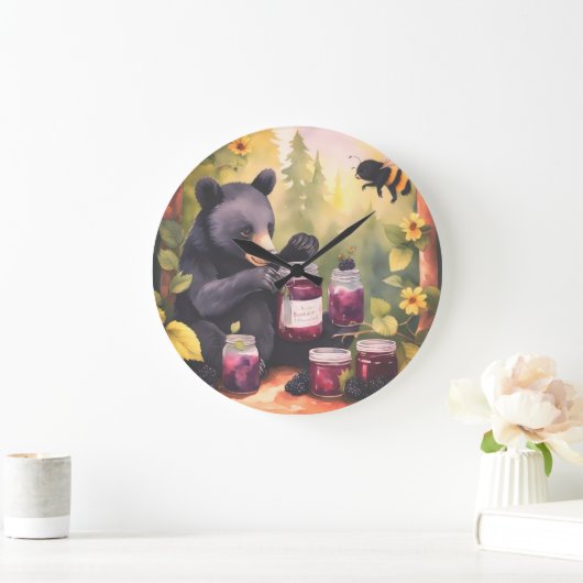 Black Bear gathering blackberry jam ラージ壁時計 (ホーム)