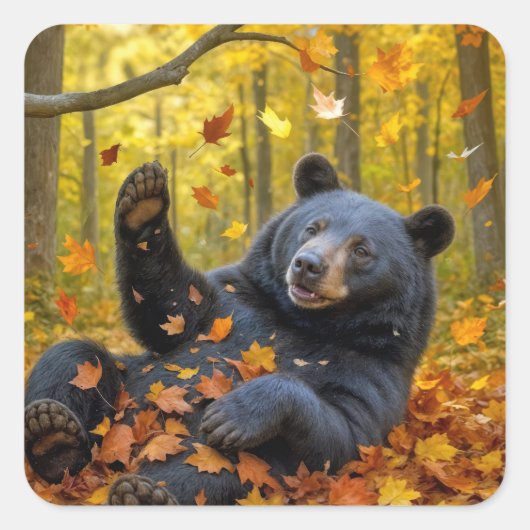 Black Bear In Autumn Leaves スクエアシール (正面)