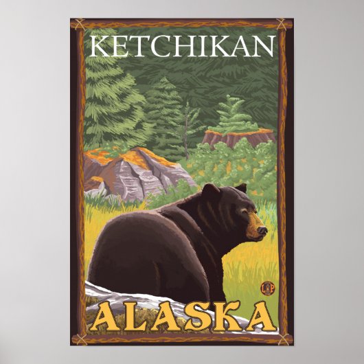 Black Bear in Forest – アラスカ、ケチカン ポスター (正面)