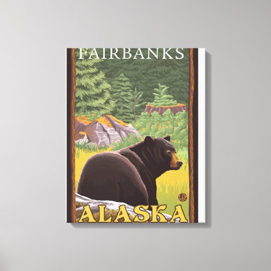 Black Bear in Forest – アラスカ，フェアバンクス キャンバスプリント (正面)