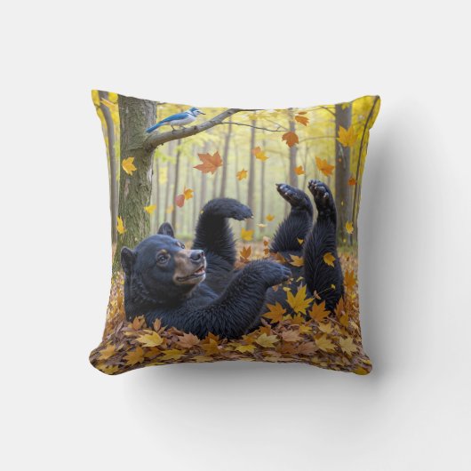 Black Bear Rolling In Autumn Leaves クッション (正面)