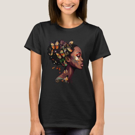 Black Beautiful African Queen Butterfly Hair Fun M Tシャツ (正面)