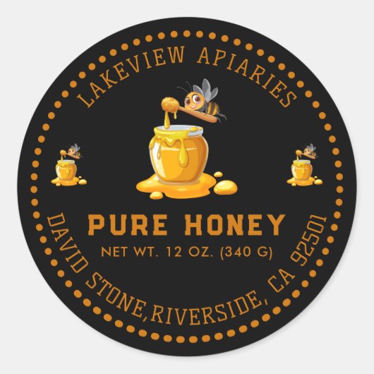 Black Bee Honey Label Metallic Gold Text  ラウンドシール (正面)