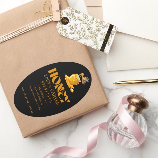 Black Bee Honey Label Metallic Gold Text  楕円形シール (ギフト)