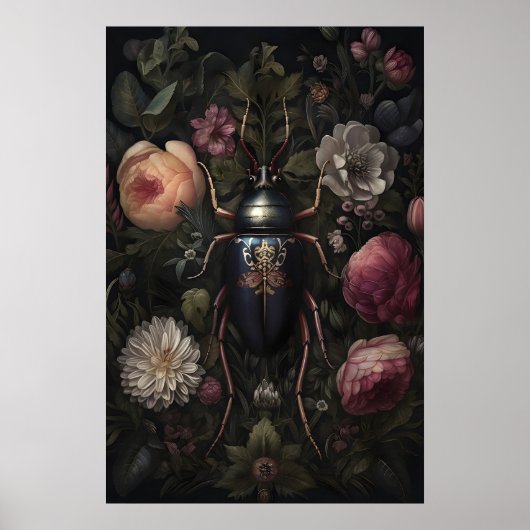 Black Beetle In Dark Flower Garden, Moody Bug ポスター (正面)