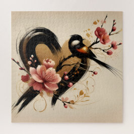Black Bird and Cherry Blossom Heart ジグソーパズル