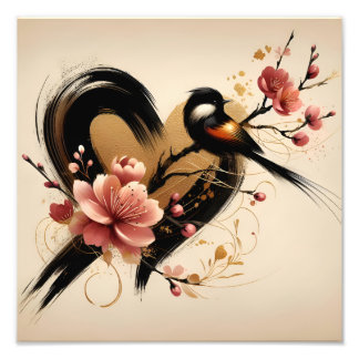 Black Bird and Cherry Blossom Heart フォトプリント