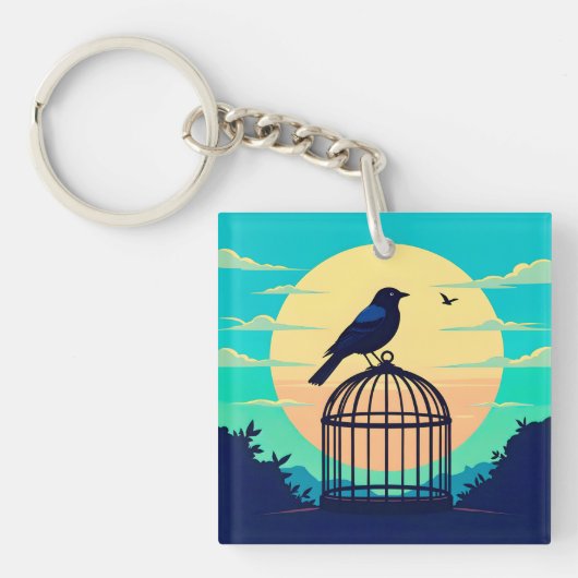 Black Bird in Empty Cage on Hill Silhouetted Again キーホルダー (正面)