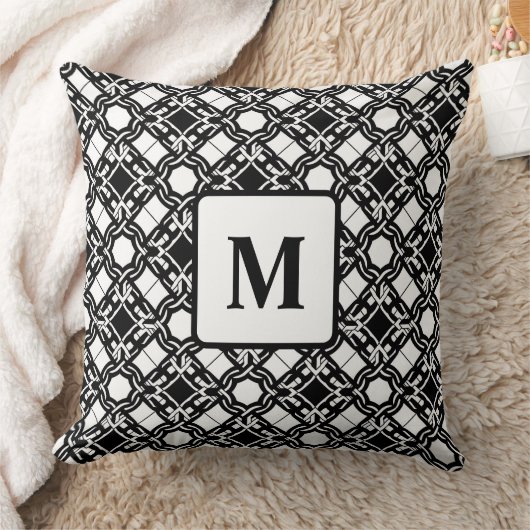 Black Black White Art Deco Monogram Pattern クッション (ブランケット)