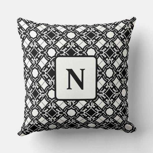 Black Black White Art Deco Monogram Pattern クッション (裏面)