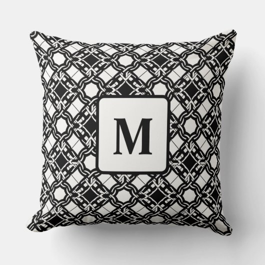 Black Black White Art Deco Monogram Pattern クッション (正面)
