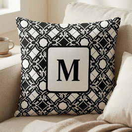 Black Black White Art Deco Monogram Pattern クッション