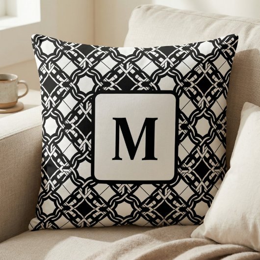 Black Black White Art Deco Monogram Pattern クッション
