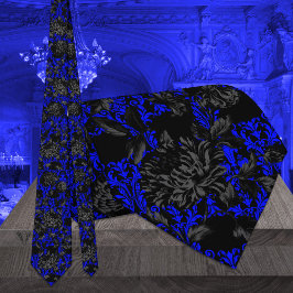 Black & Blue Floral Damask Gothic Wedding ネクタイ