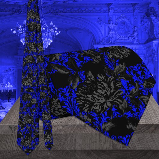Black & Blue Floral Damask Gothic Wedding ネクタイ