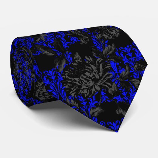 Black & Blue Floral Damask Gothic Wedding ネクタイ (ロール)