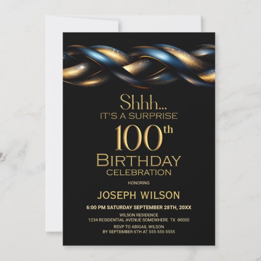 Black Blue Gold Surprise 100th Birthday Party 招待状 (正面)