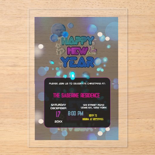 Black & Blue Midnight Sparkle Neon Glow New Year  アクリル招待状 (正面)