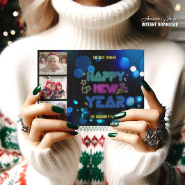 Black & Blue Midnight Sparkle Neon Glow New Year  カード