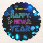 Black & Blue Midnight Sparkle Neon Glow New Year ペーパーコースター (正面)