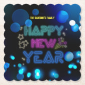 Black & Blue Midnight Sparkle Neon Glow New Year  ペーパーコースター (正面)
