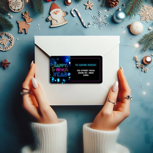 Black & Blue Midnight Sparkle Neon Glow New Year  ラベル