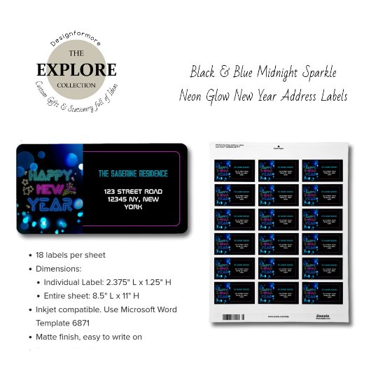 Black & Blue Midnight Sparkle Neon Glow New Year  ラベル
