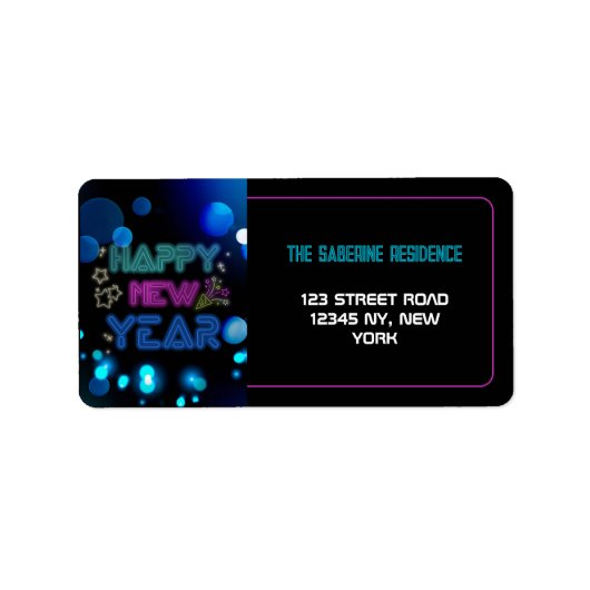 Black & Blue Midnight Sparkle Neon Glow New Year ラベル (正面)