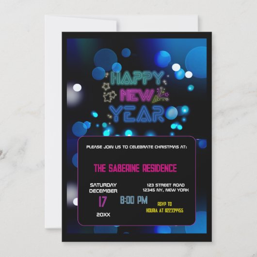 Black & Blue Midnight Sparkle Neon Glow New Year 招待状 (正面)