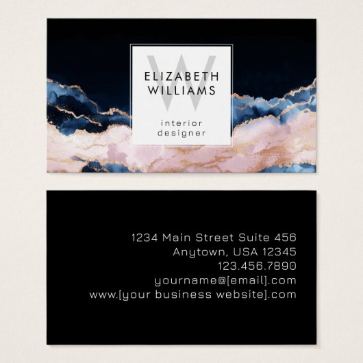 Black Blue Pink Rose Gold Monogram Business Cards (正面&裏面)