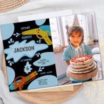 Black Blue Water Gun Invitations with photo