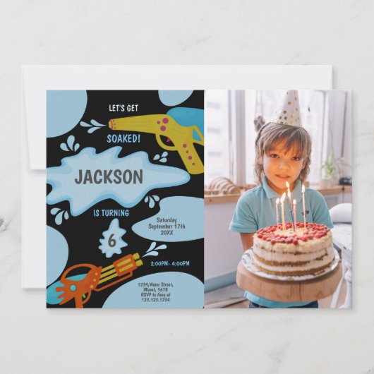 Black Blue Water Gun Invitations with photo 招待状 (正面)