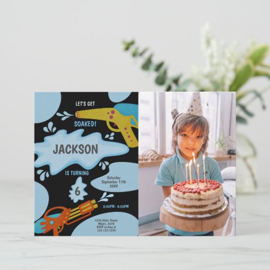 Black Blue Water Gun Invitations with photo 招待状 (スタンド正面)