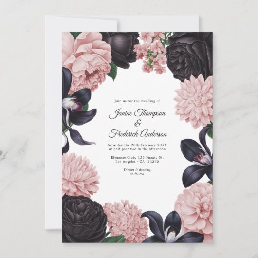 Black & Blush Photo/QR Code Floral Wedding 招待状 (正面)