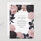 Black & Blush Photo/QR Code Floral Wedding 招待状 (正面/裏面)