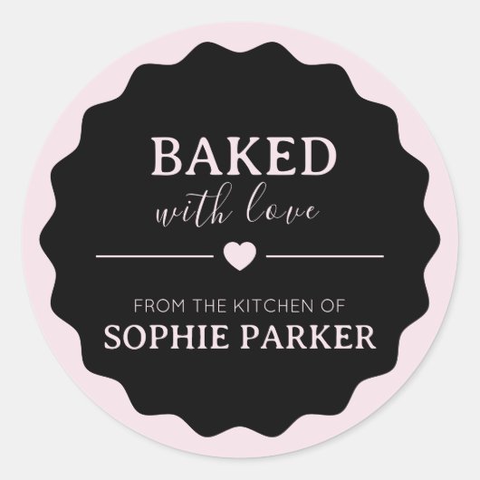 Black Blush Pink Baked With Love Scallop Sticker ラウンドシール (正面)