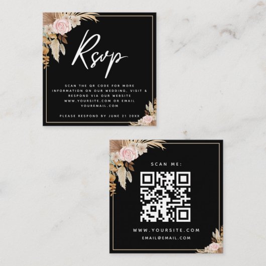 Black Boho Dried Palm Pampas Grass QR Code Rsvp エンクロージャーカード (正面/裏面)