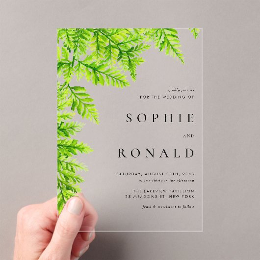 Black Boho Minimalist Foliage Wedding アクリル招待状 (インサイチュ (ポータブル))