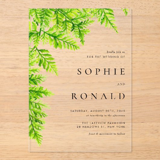 Black Boho Minimalist Foliage Wedding アクリル招待状 (正面)