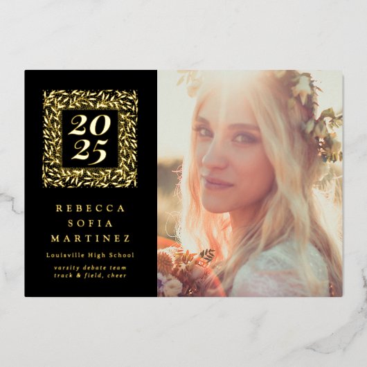 Black Boho Natural Photo卒業発表 箔招待状 (正面)