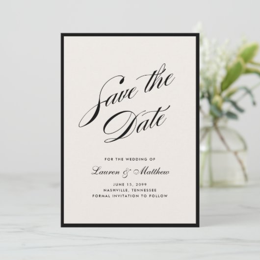 Black Border Ivory Modern Save the Date 招待状 (スタンド正面)