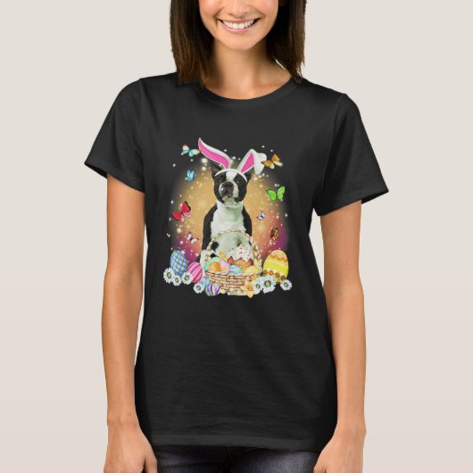 Black Boston Terrier Dog Bunny Easter Eggs Basket  Tシャツ (正面)