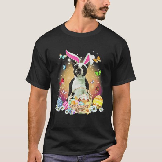 Black Boston Terrier Dog Bunny Easter Eggs Basket  Tシャツ (正面)