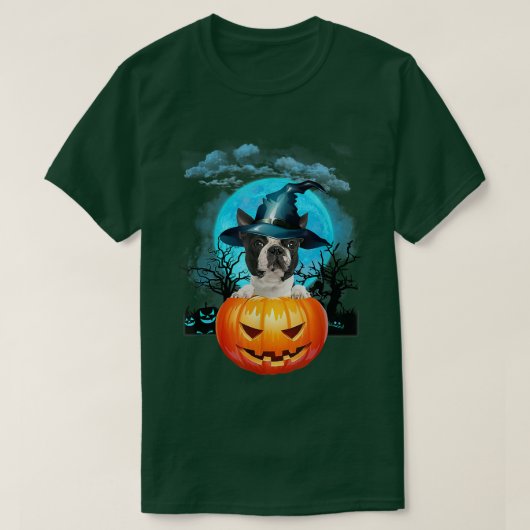 Black Boston Terrier Witch Pumpkin And Blue Moon 1 Tシャツ (デザイン正面)