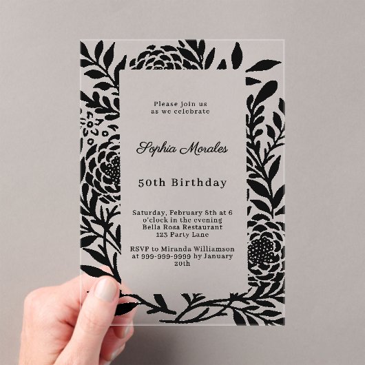 Black botanical luxury clear birthday アクリル招待状 (インサイチュ (ポータブル))