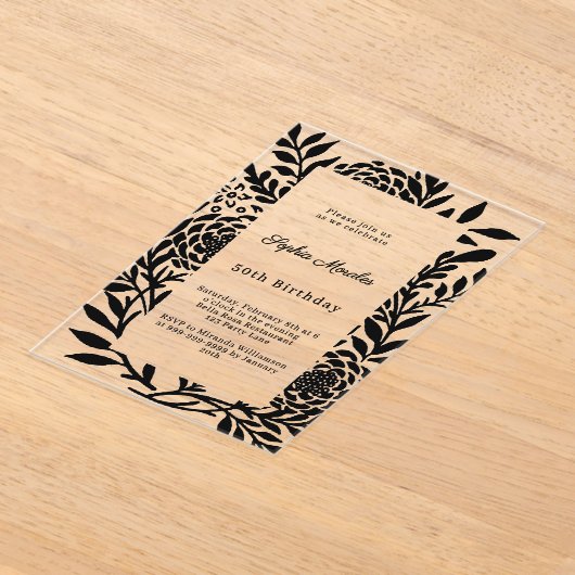 Black botanical luxury clear birthday アクリル招待状 (レイダウン)