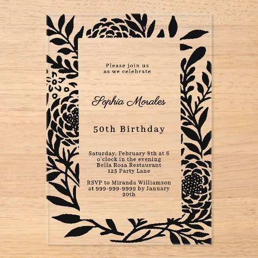 Black botanical luxury clear birthday アクリル招待状 (正面)