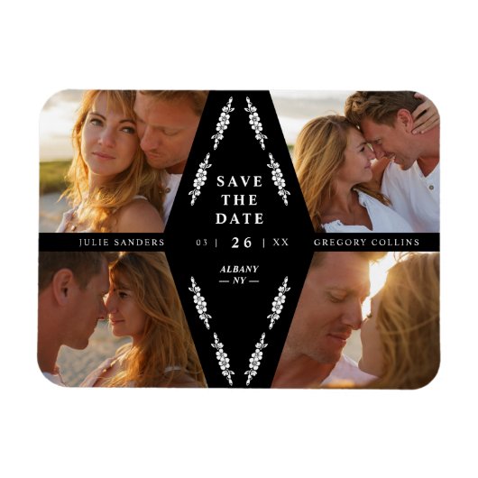 Black Botanical Modern Collage 4 Photos Wedding マグネット (横)